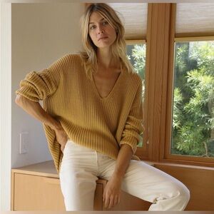 Jenni Kayne Women’s Cotton Cabin Cotton V Neck Sweater Yellow Mustard Size XS